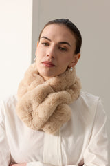 Model wearing the Biscuit Cloud faux fur Ruffle Scarf by Helen Moore