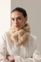 Model wearing the Biscuit Cloud faux fur Ruffle Scarf by Helen Moore