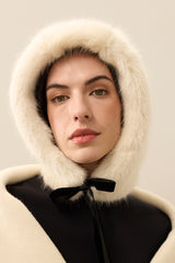 Model wearing Ermine Faux Fur Hood With Ribbon Tie by Helen Moore