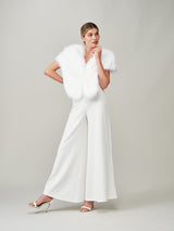 Model wearing Whisper White faux fur vintage bridal wrap by Helen Moore