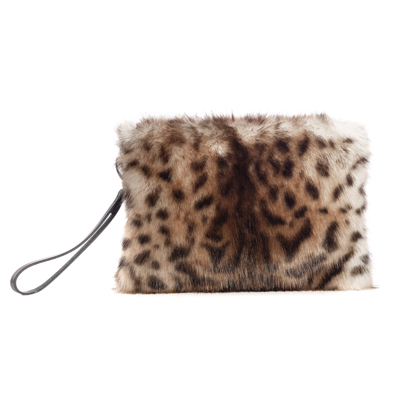 Ocelot animal print faux fur clutch bag with leather wrist strap by Helen Moore.