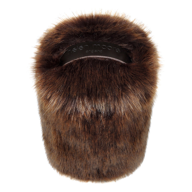 Brown faux fur doorstop with leather handle by Helen Moore