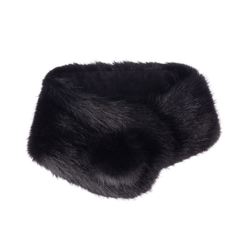 Jet black faux fur collar with a giant pom pom button. Made in England by Helen Moore.