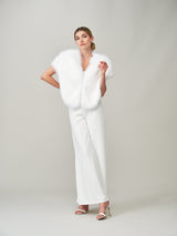 Model wearing Whisper White faux fur vintage bridal wrap by Helen Moore