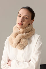 Model wearing the Biscuit Cloud faux fur Ruffle Scarf by Helen Moore