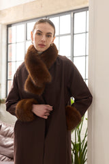 Model wearing a Mahogany faux fur Tippet scarf by Helen Moore