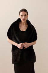 Model wearing a Jet black faux fur Stole by Helen Moore