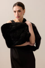 Model wearing a Jet black faux fur Stole by Helen Moore