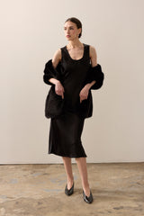Model wearing a Jet black faux fur Stole by Helen Moore