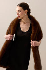 Model wearing a Mahogany faux fur Stole by Helen Moore