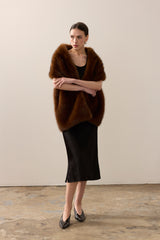 Model wearing a Mahogany faux fur Stole by Helen Moore