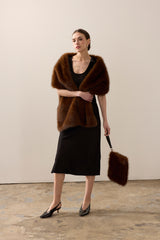 Model wearing a Mahogany faux fur Stole by Helen Moore