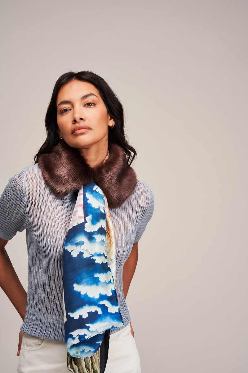 Model wearing Conker Brown faux fur Dolly collar with silk scarf by Helen Moore