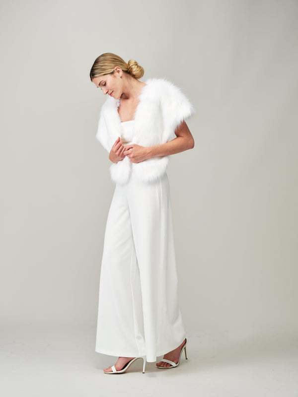 Model wearing Whisper White faux fur vintage bridal wrap by Helen Moore