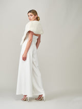 Model wearing faux fur vintage bridal wrap by Helen Moore