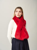 Model wearing the Cola red faux fur Luxe scarf by Helen Moore