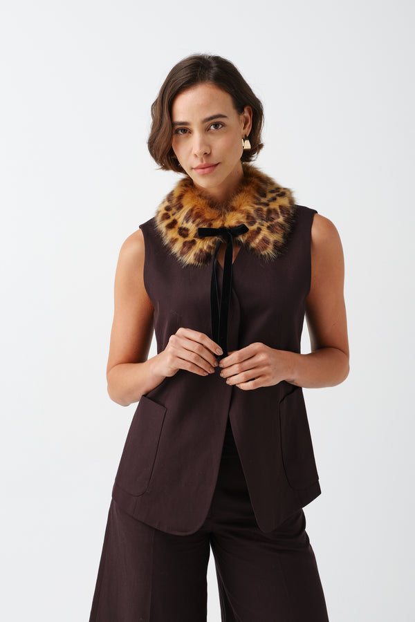 Model wearing Leopard print faux fur Diana Collar by Helen Moore