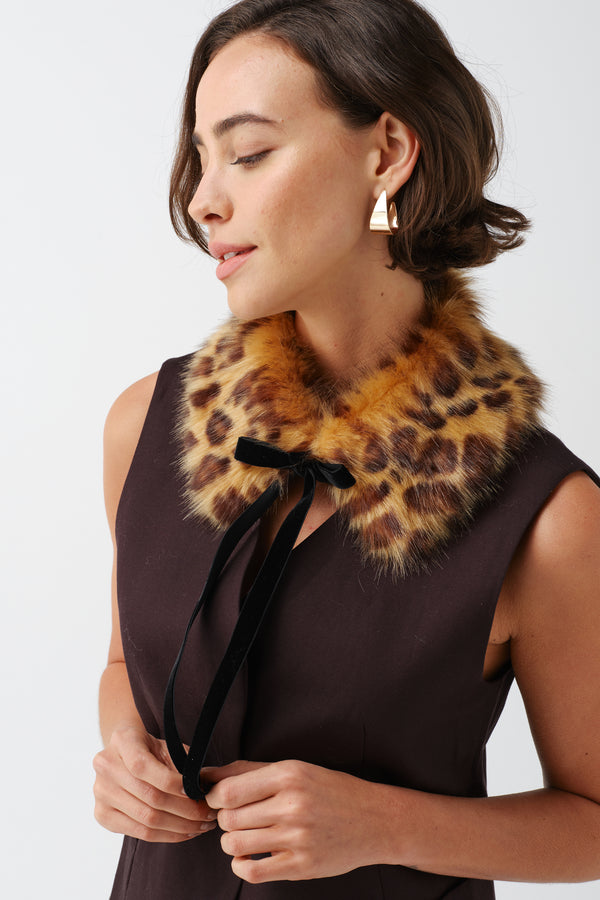 Model wearing Leopard print faux fur Diana Collar by Helen Moore