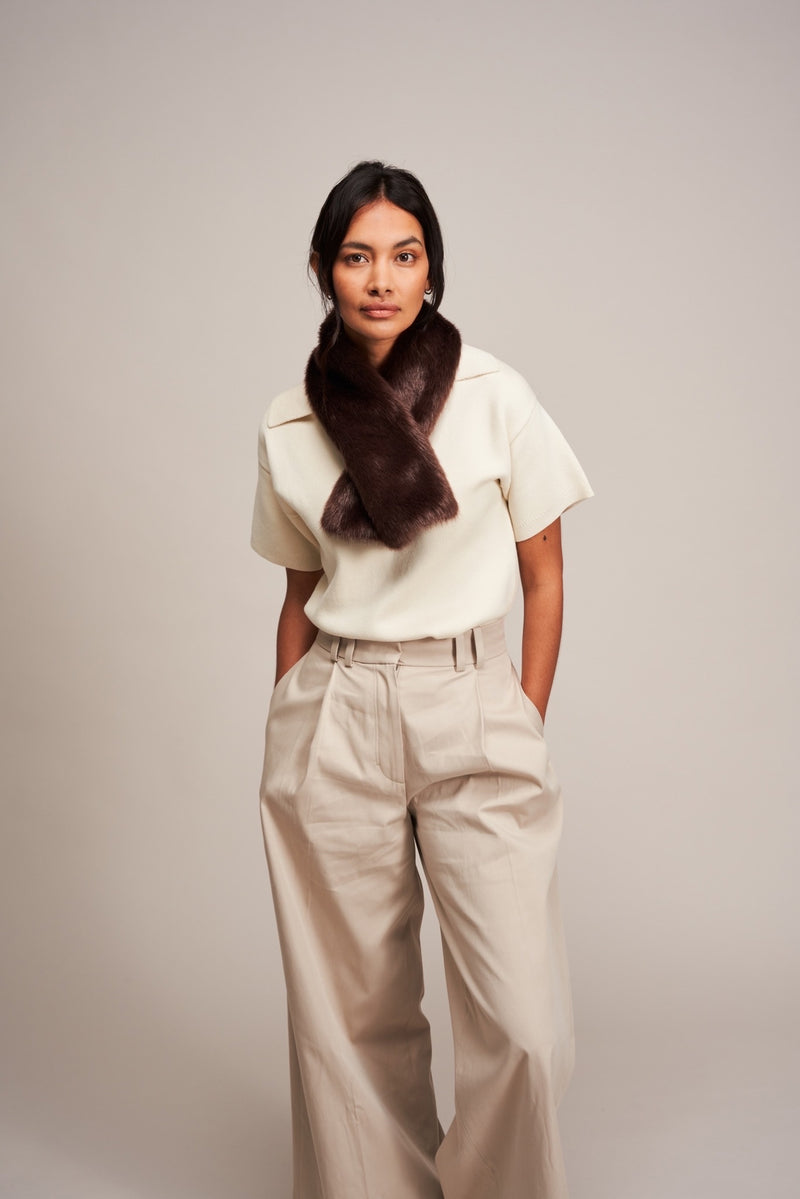 Model wearing a Conker Brown faux fur Tippet Scarf by Helen Moore