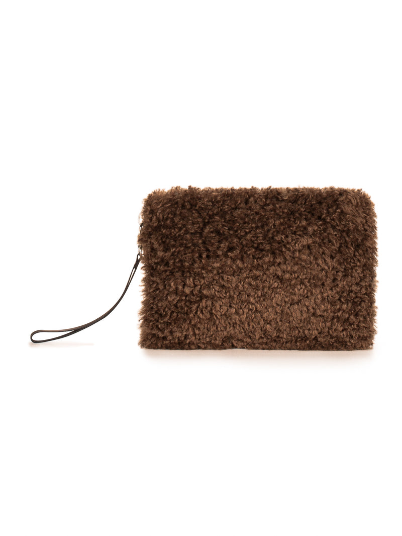 Clutch Bag with leather wrist strap in Chestnut Faux Sheepskin by Helen Moore