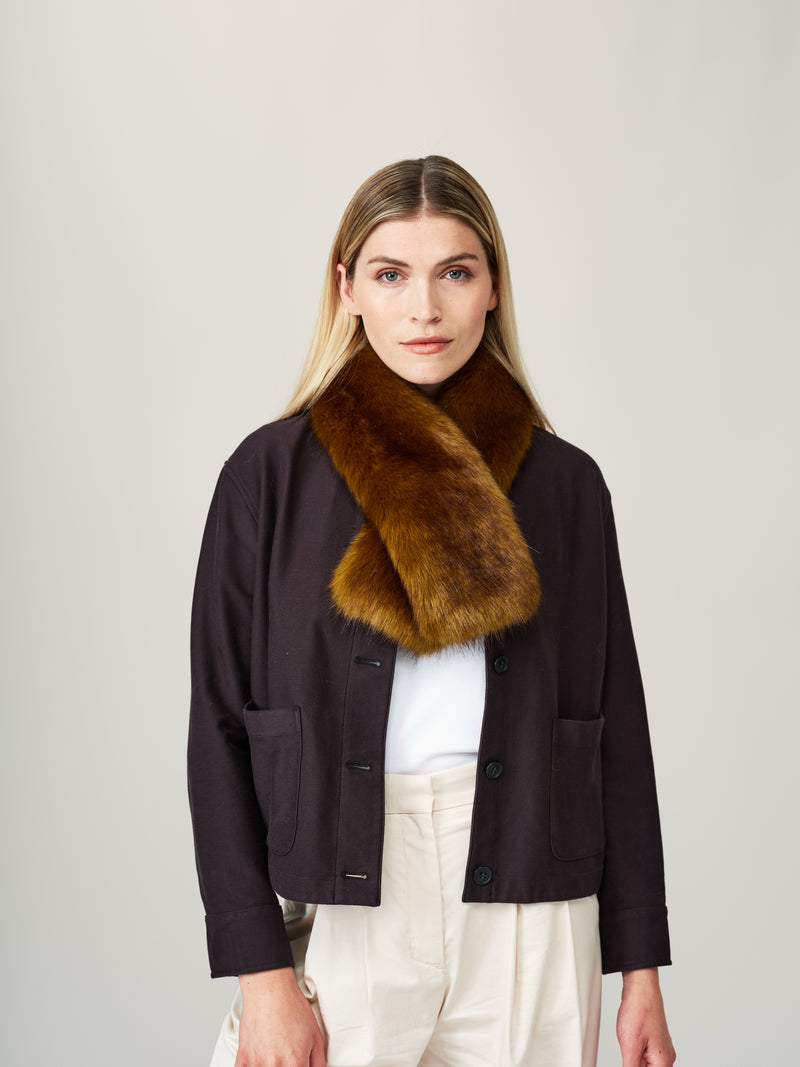 Model wearing an Olive faux fur Tippet Scarf by Helen Moore