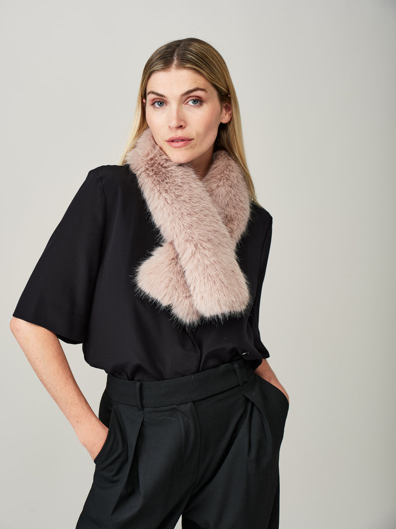 Model wearing a Quartz faux fur Tippet Scarf by Helen Moore
