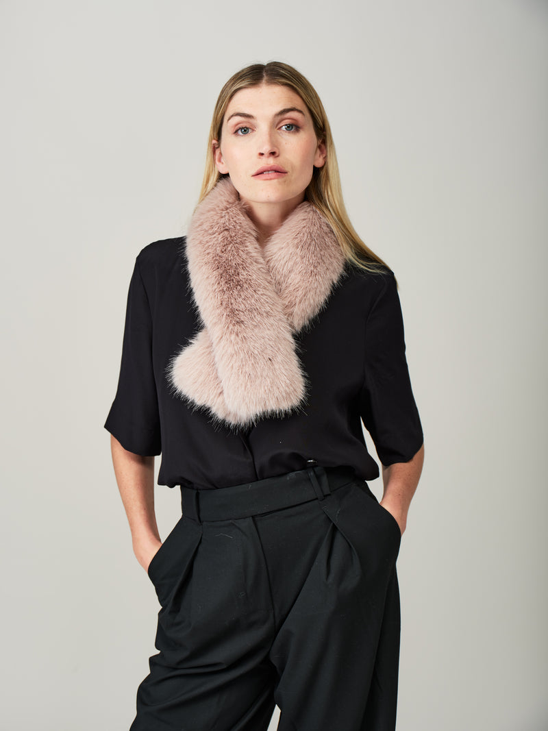 Model wearing a Quartz faux fur Tippet Scarf by Helen Moore