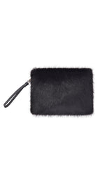 Jet Black faux fur clutch bag with a leather wrist strap by Helen Moore