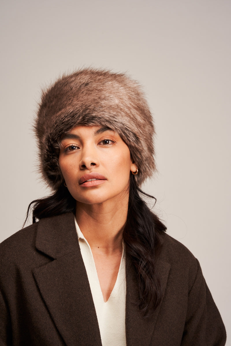Model wearing Truffle brown faux fur Pillbox Hat by Helen Moore