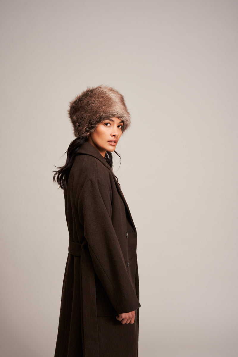 Model wearing Truffle brown faux fur Pillbox Hat by Helen Moore