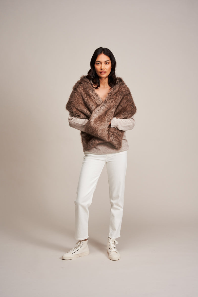 Model wearing Truffle Brown faux fur Pocket Stole by Helen Moore