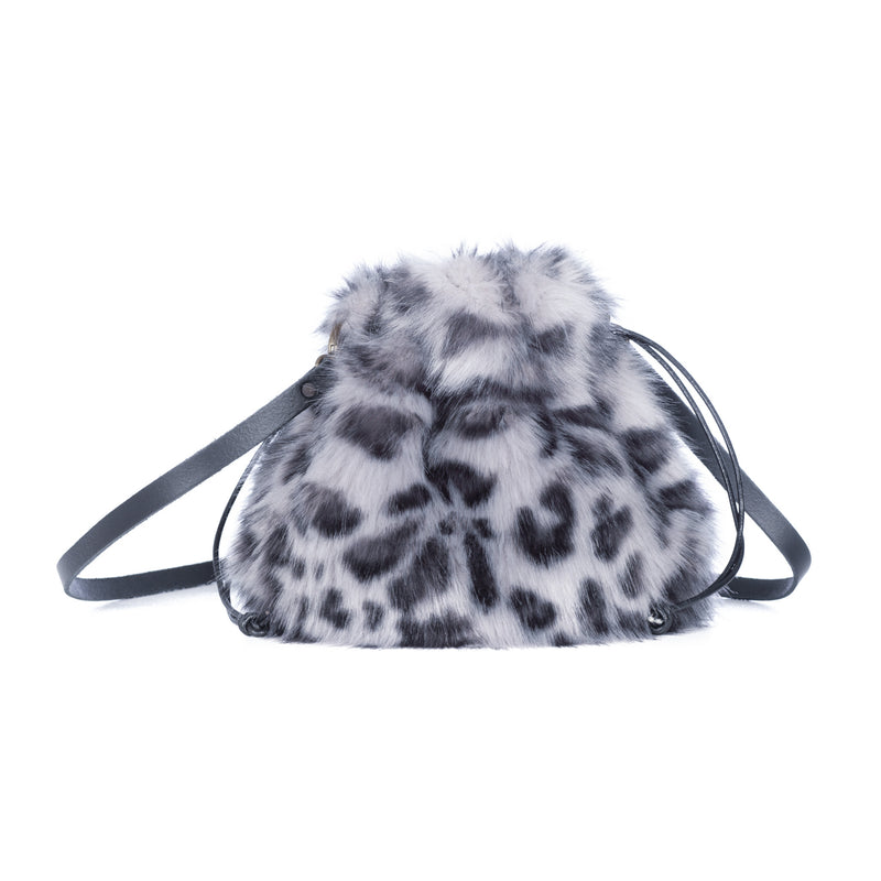 Faux fur drawstring bag In Silver Leopard by Helen Moore