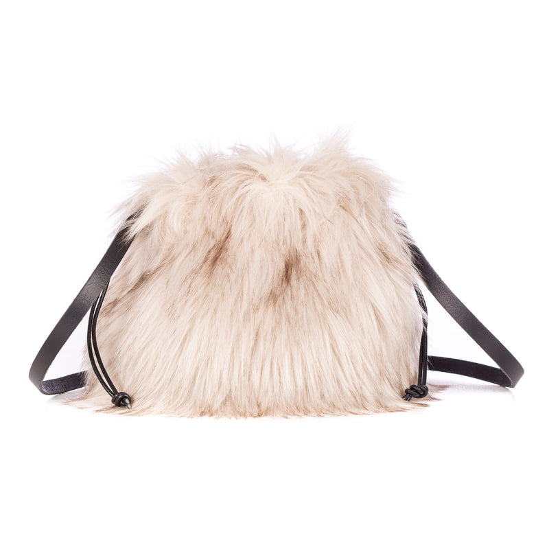 Faux fur drawstring bag in Oyster grey by Helen Moore