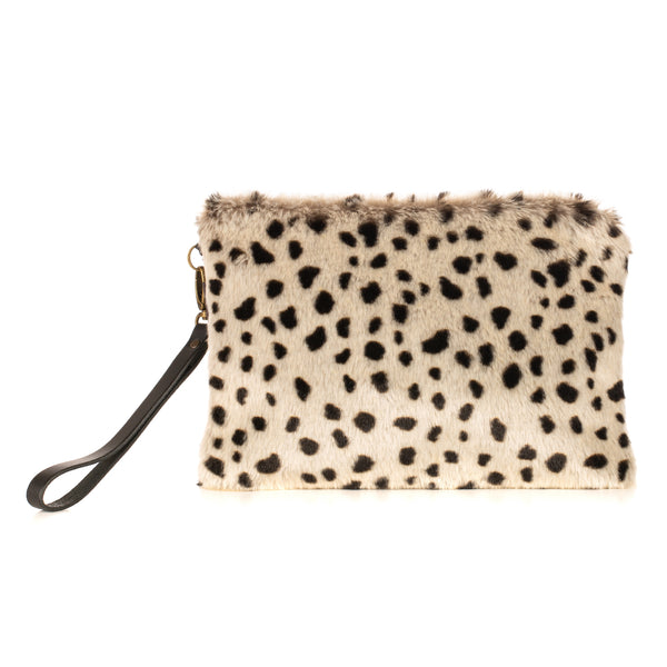  Appaloosa animal print faux fur clutch bag with leather wrist strap by Helen Moore.