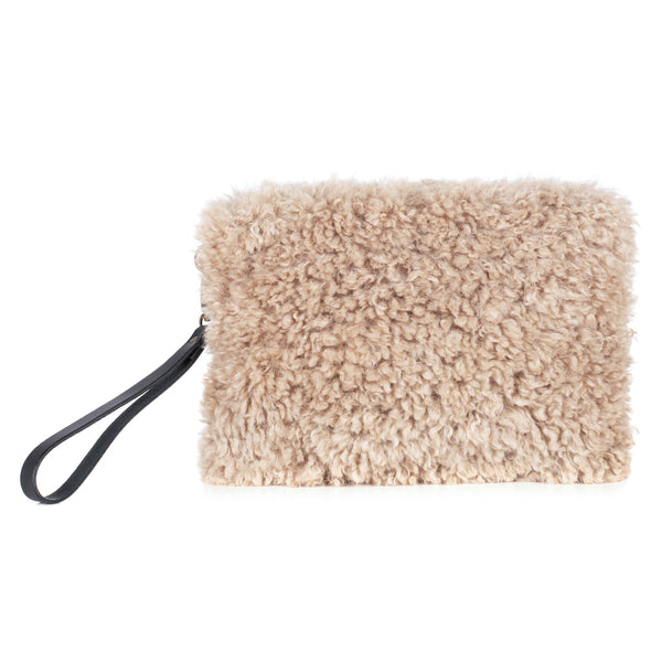 Pebble cream faux sheepskin clutch bag with leather wrist strap by Helen Moore