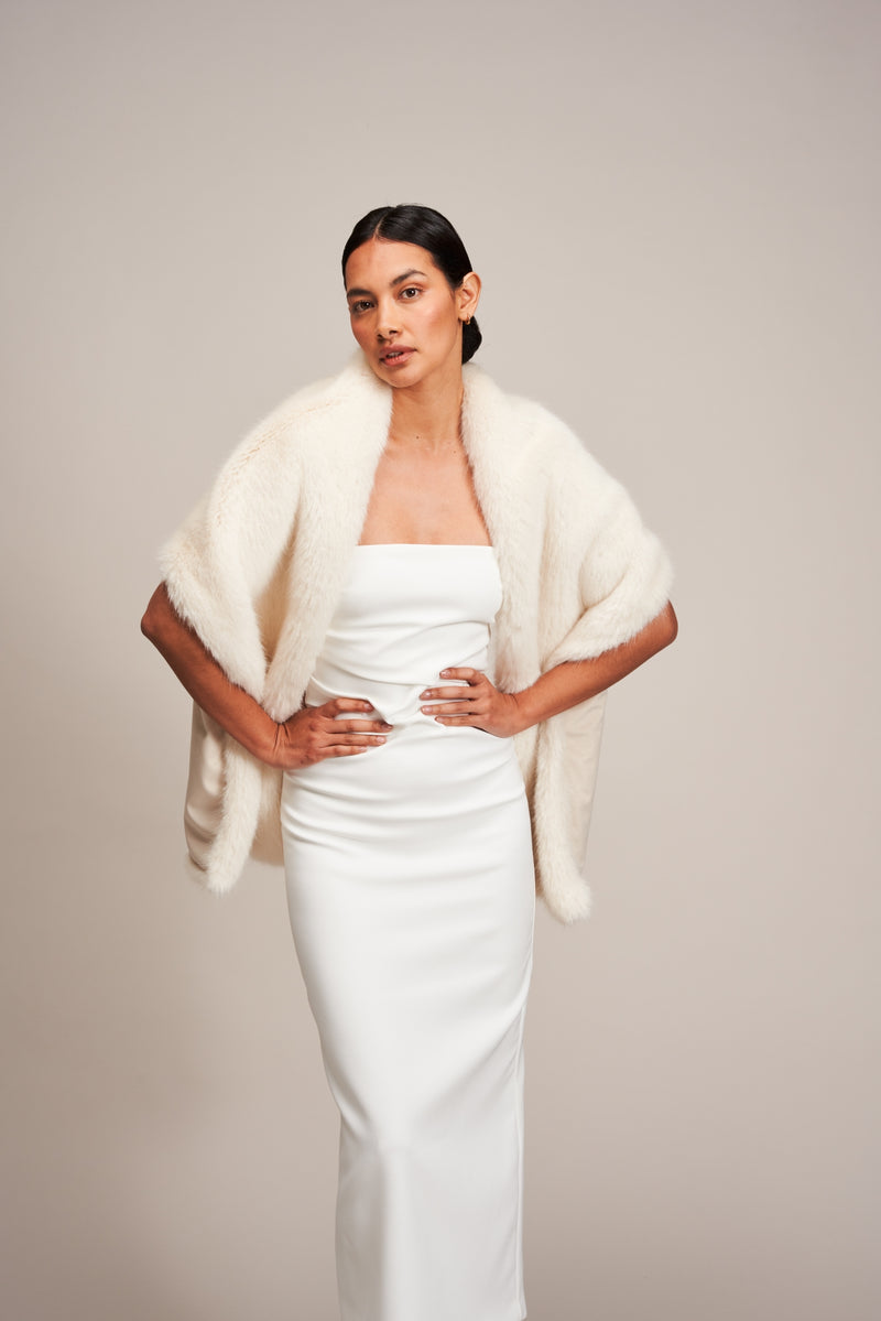 Model wearing Ermine white Stole Cover Up by Helen Moore