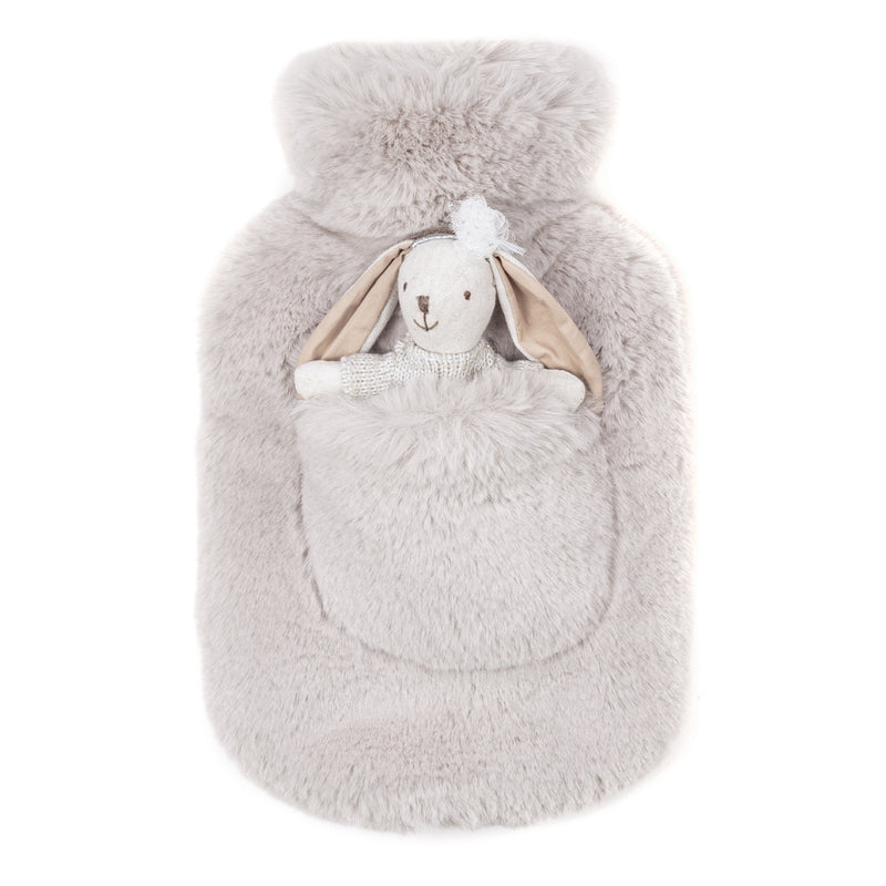 Grey Mist cloud faux fur children's Pocket Pal Hot Water Bottle with rabbit toy  by Helen Moore