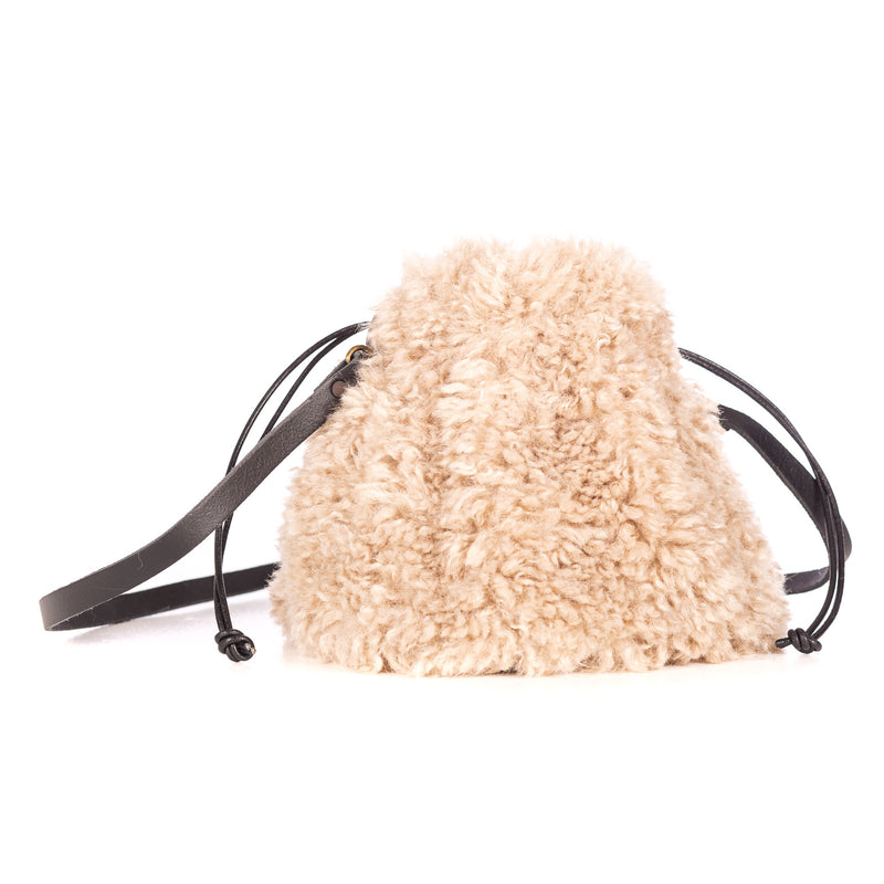 Faux sheepskin drawstring bag in cream Pebble  by Helen Moore