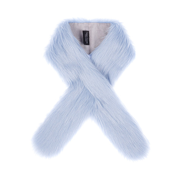 Light blue faux fur scarf by Helen Moore. One tail slots through the other in a crossover style to give a snug fit.