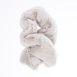 A light grey faux fur scarf which is gathered to create a ruffle effect. Made in England by Helen Moore