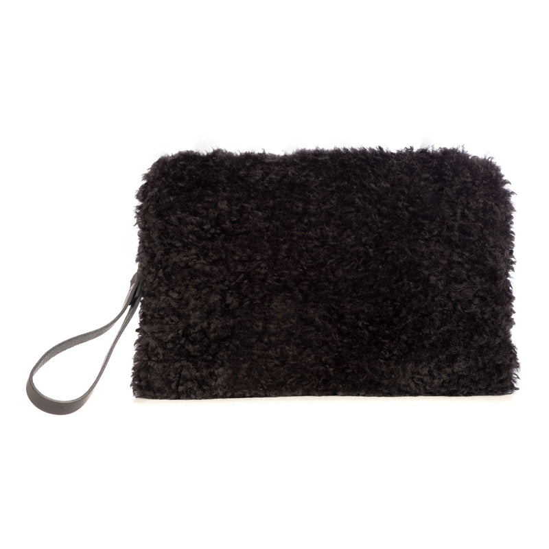 Black faux sheepskin Clutch Bag with leather wrist strap by Helen Moore