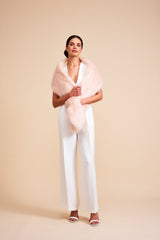 Model wearing Blush pink faux fur vixen stole from the wedding collection by Helen Moore