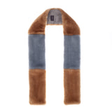 A mid blue and light brown faux fur scarf in blocks of colour. The Patch scarf is made in England by Helen Moore.
