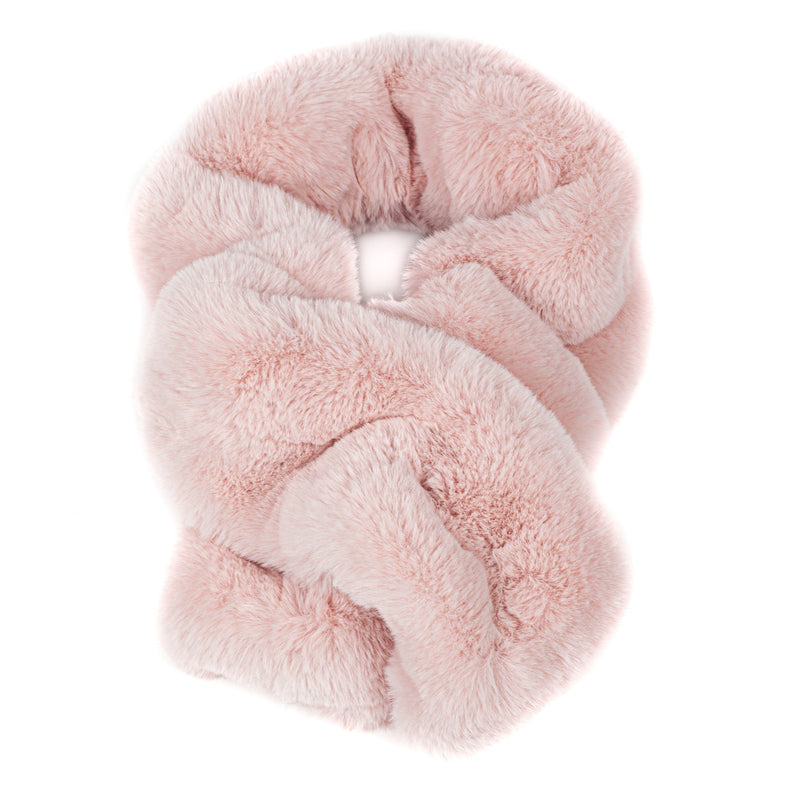 A blossom pink faux fur scarf which is gathered to create a ruffle effect. Made in England by Helen Moore