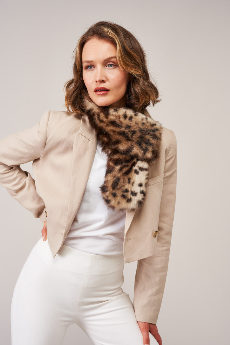 Model wearing an Ocelot animal print faux fur Petite Loop Scarf by Helen Moore