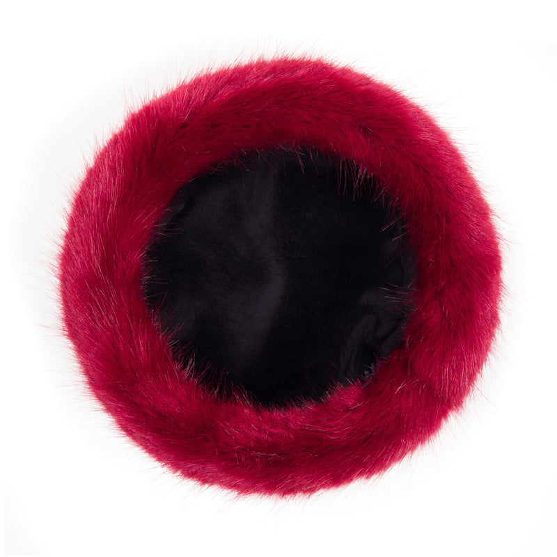 Crimson faux fur pillbox hat by Helen Moore