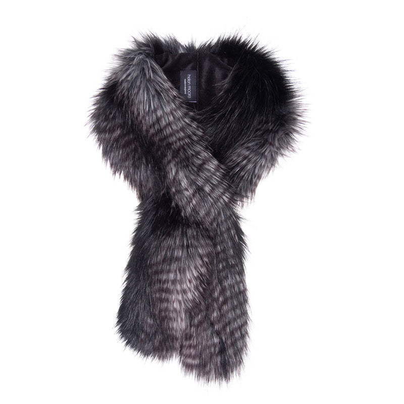 Black and grey faux fur Crisscross scarf by Helen Moore