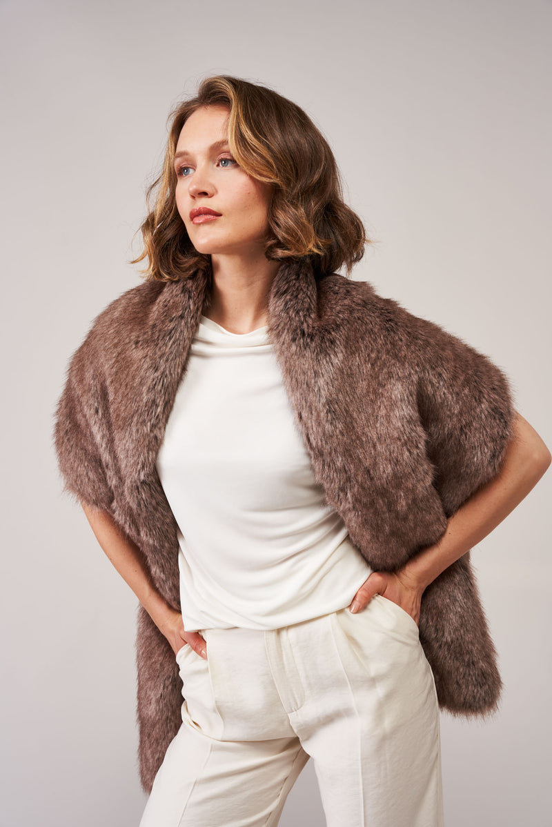 Model wearing a Truffle brown faux fur stole by Helen Moore