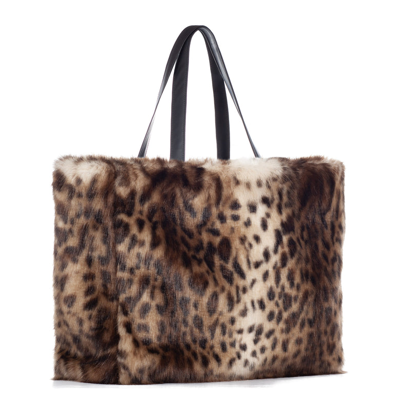 A large animal print faux fur tote bag by Helen Moore