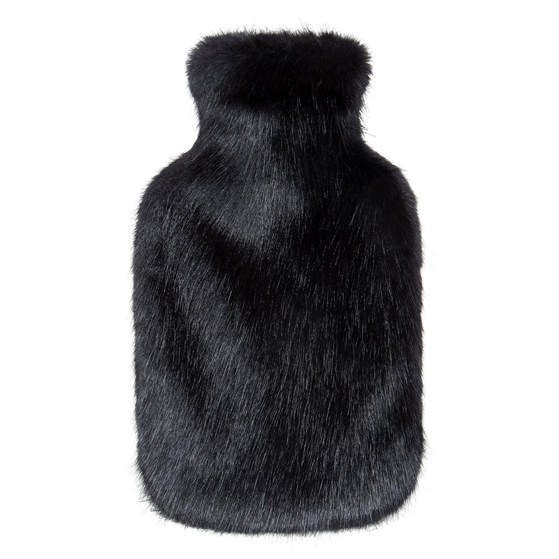 Jet Black Faux Fur Hot Water Bottle by Helen Moore